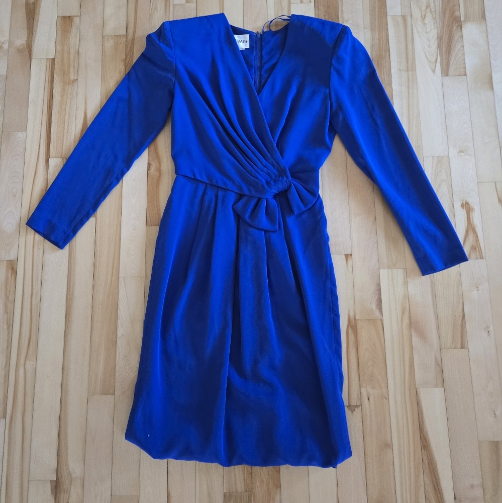 Elegant Blue Wrap Dress Vintage 80s Joan Leslie Size 4